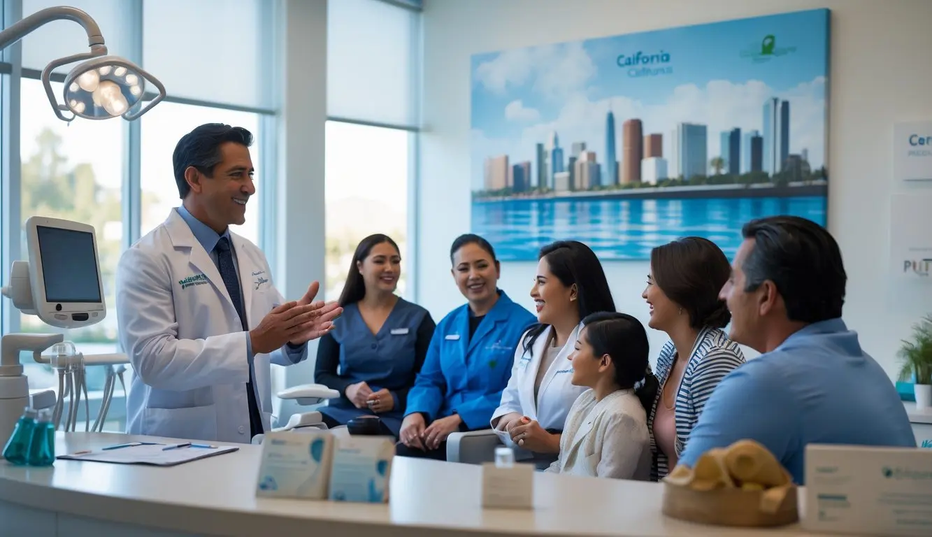 Recepción de una clínica dental en California con un dentista hispano hablando con pacientes en un ambiente limpio y luminoso.