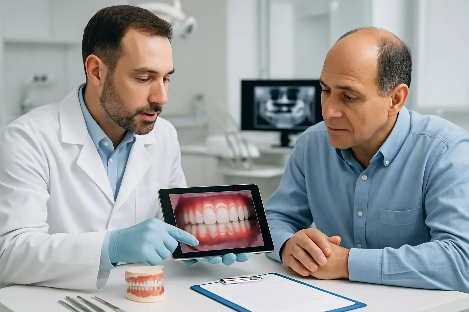 Un dentista y un paciente en una consulta dental en una clínica moderna, conversando sobre salud bucal