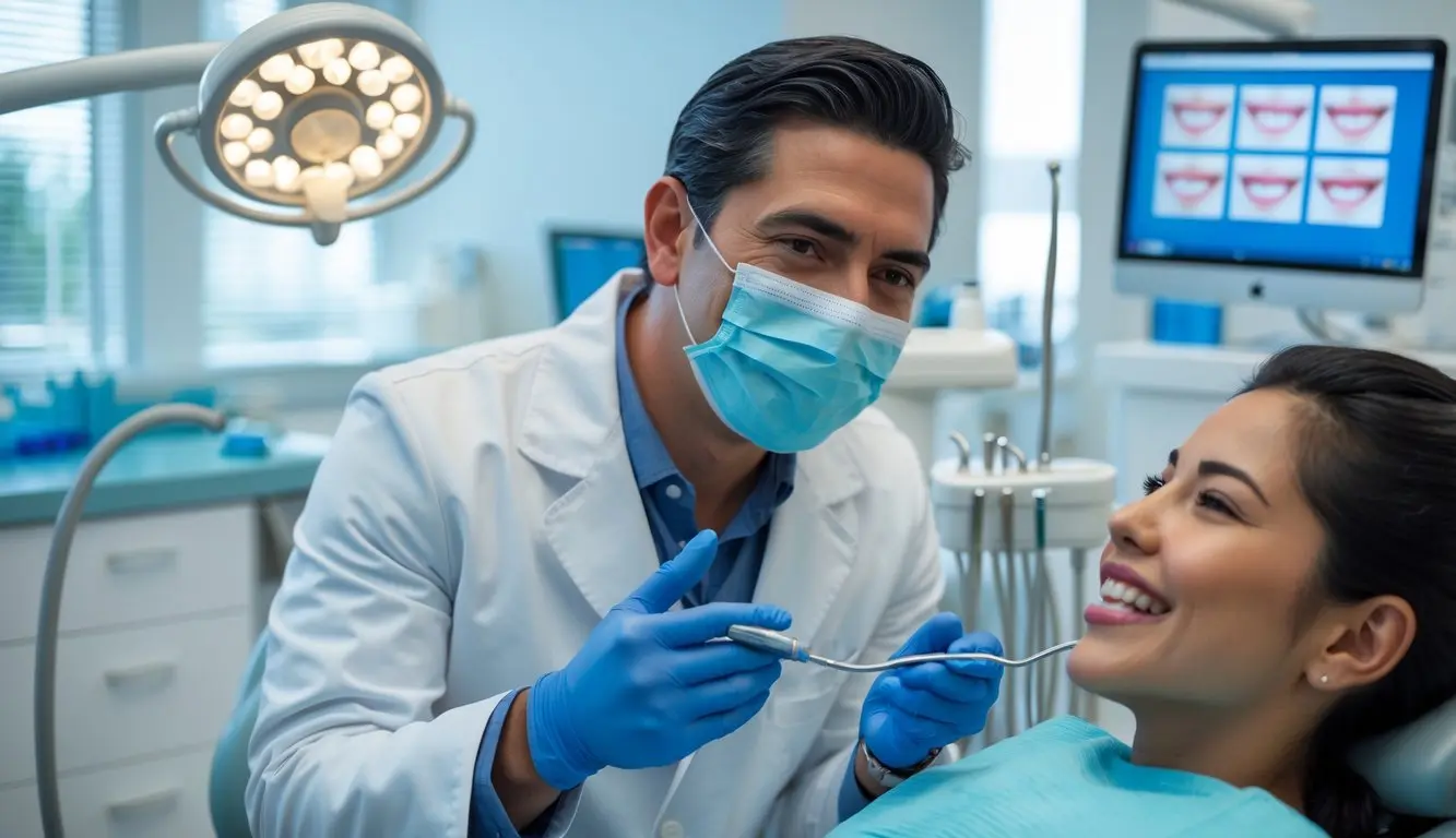 Dentista hispano sonriente hablando con un paciente hispano en una clínica dental moderna en California.