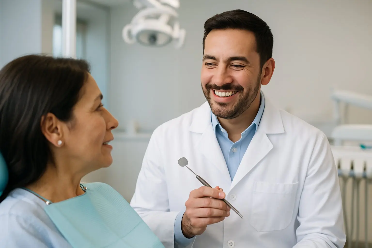 Dentista hispano hablando con una paciente en una clínica dental moderna