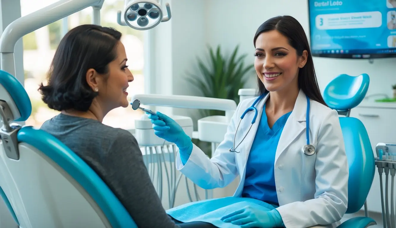 Dentista hispana sonriente atendiendo a una paciente hispana en una clínica dental moderna y luminosa.